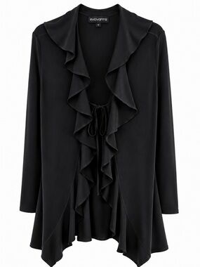 Vintage Evovorro Black Ruffle-Front Cardigan style Knit Jacket,XL,Like New!
